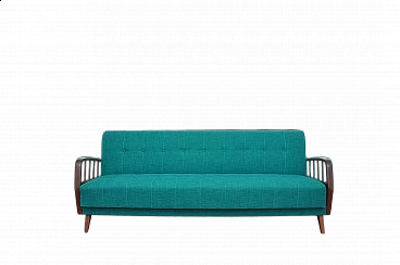 Solid beech and turquoise fabric sofa bed, 1960s