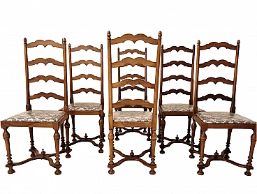 6 Chairs in solid national walnut and damask velvet