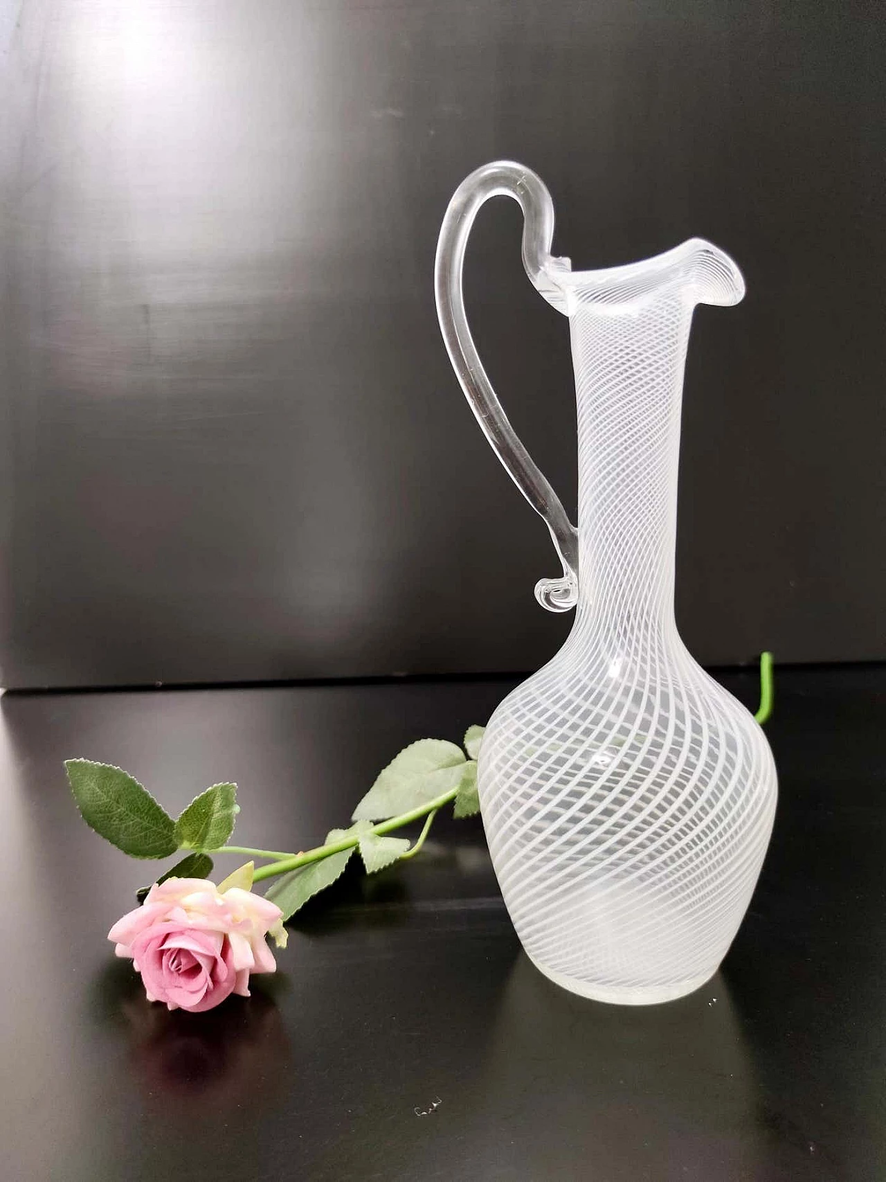 Murano glass jug with white and transparent canes, 1950s 4