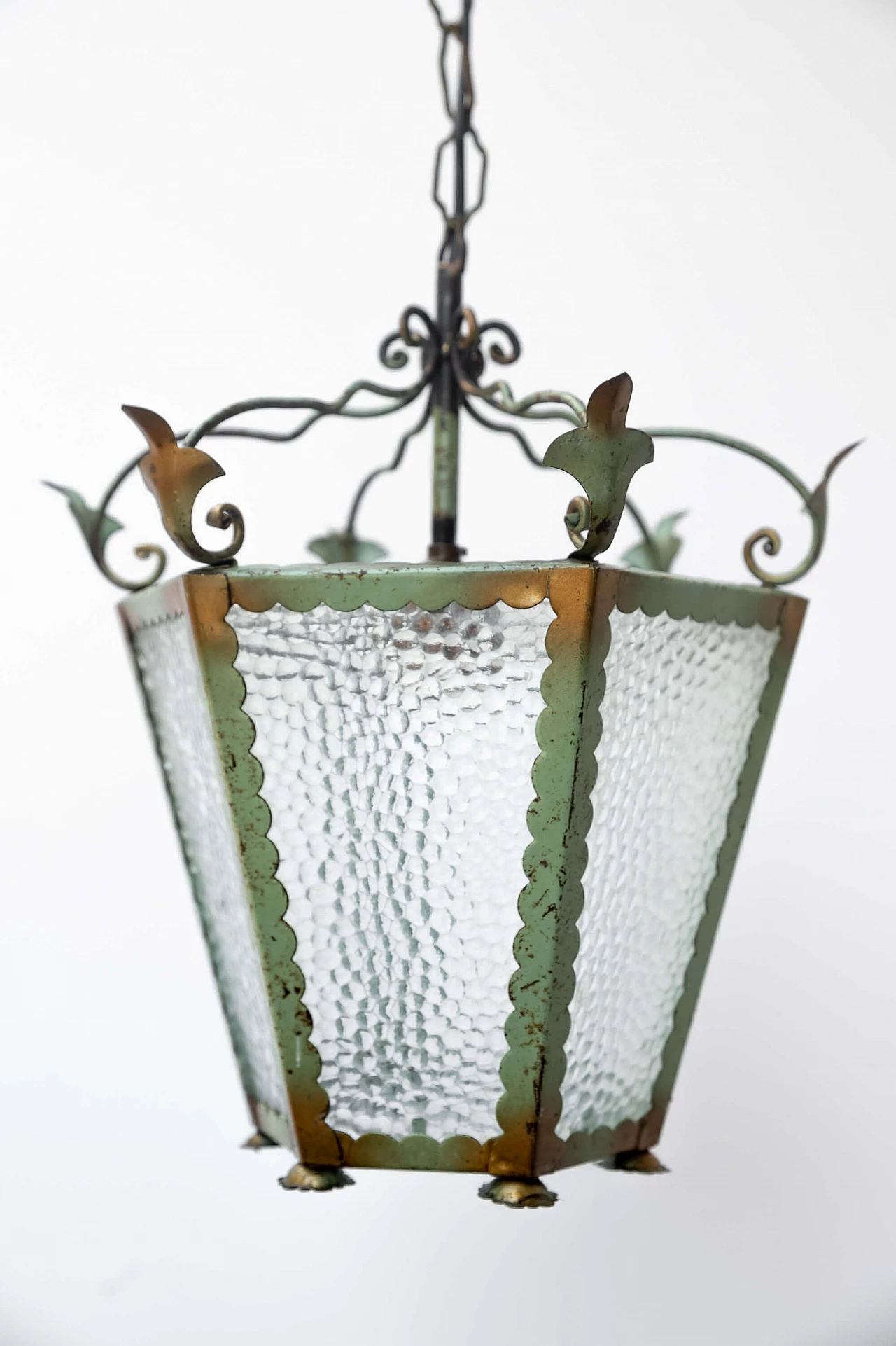 Wrought iron and embossed glass chandelier, 1950s 1