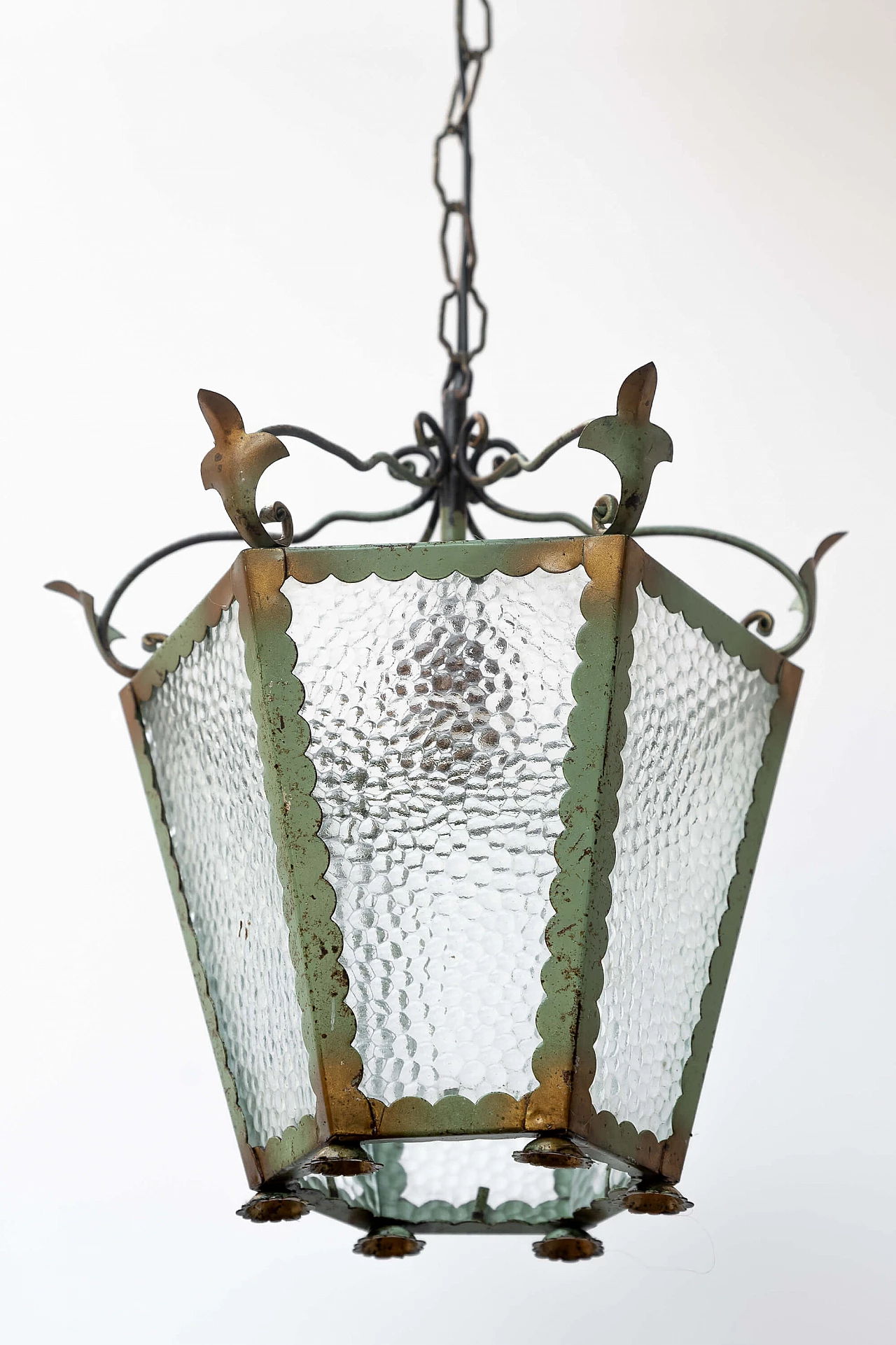 Wrought iron and embossed glass chandelier, 1950s 2