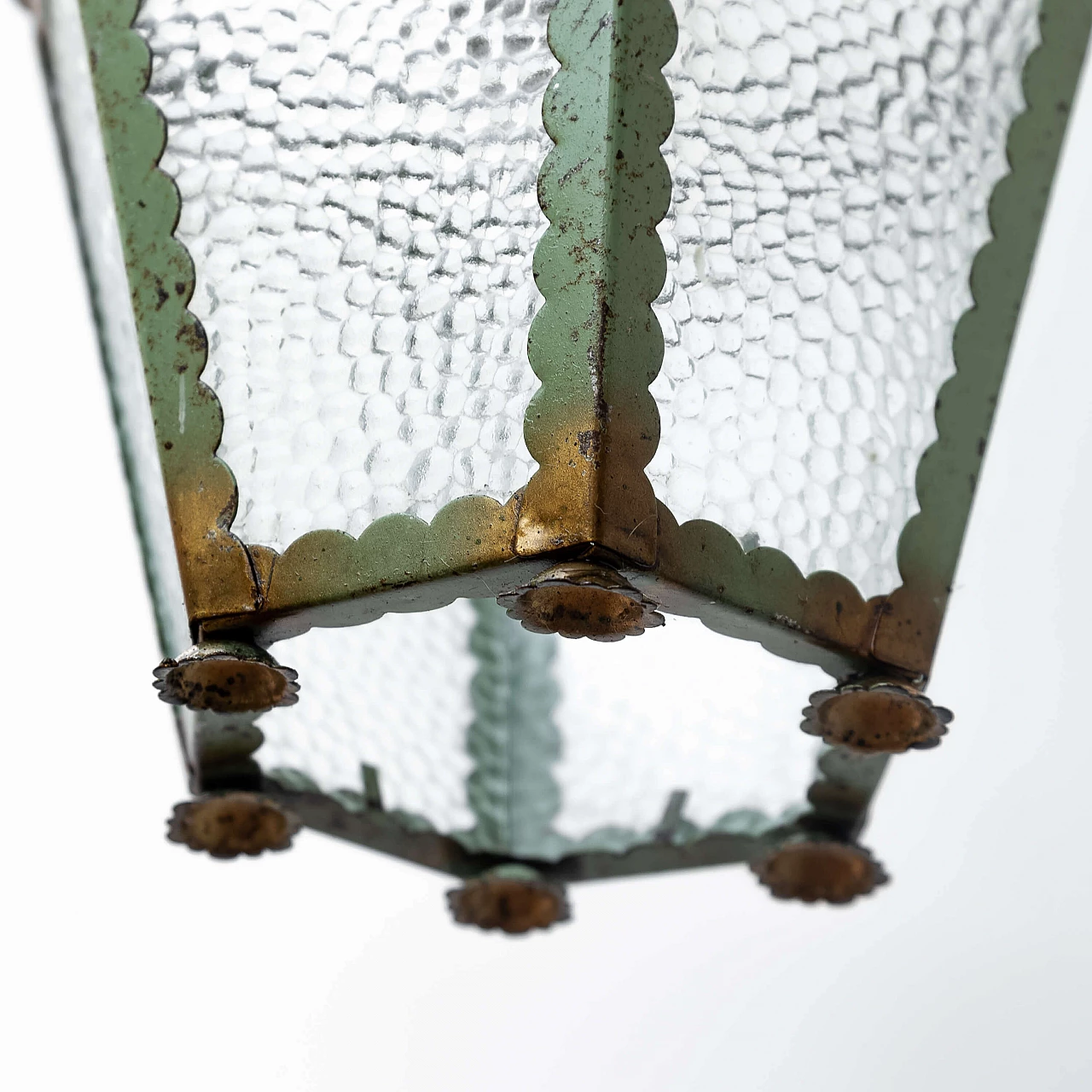 Wrought iron and embossed glass chandelier, 1950s 3