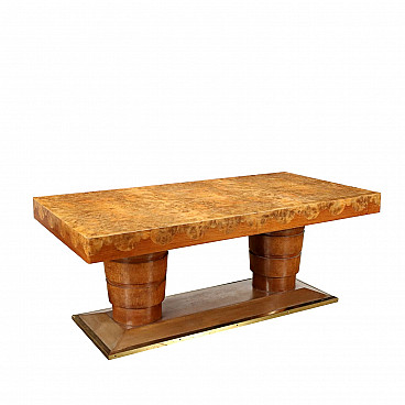 Tavolo in legno impiallacciato noce e radica con profili in ottone, anni '30