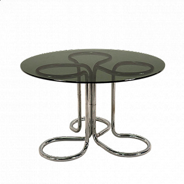 Tavolo con base in metallo cromato e piano in vetro fumè, anni '70
