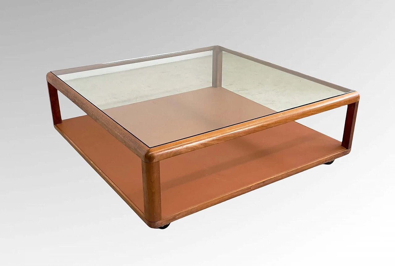 Tavolino in noce con piano in vetro e base in pelle di Tecno, anni '60 1