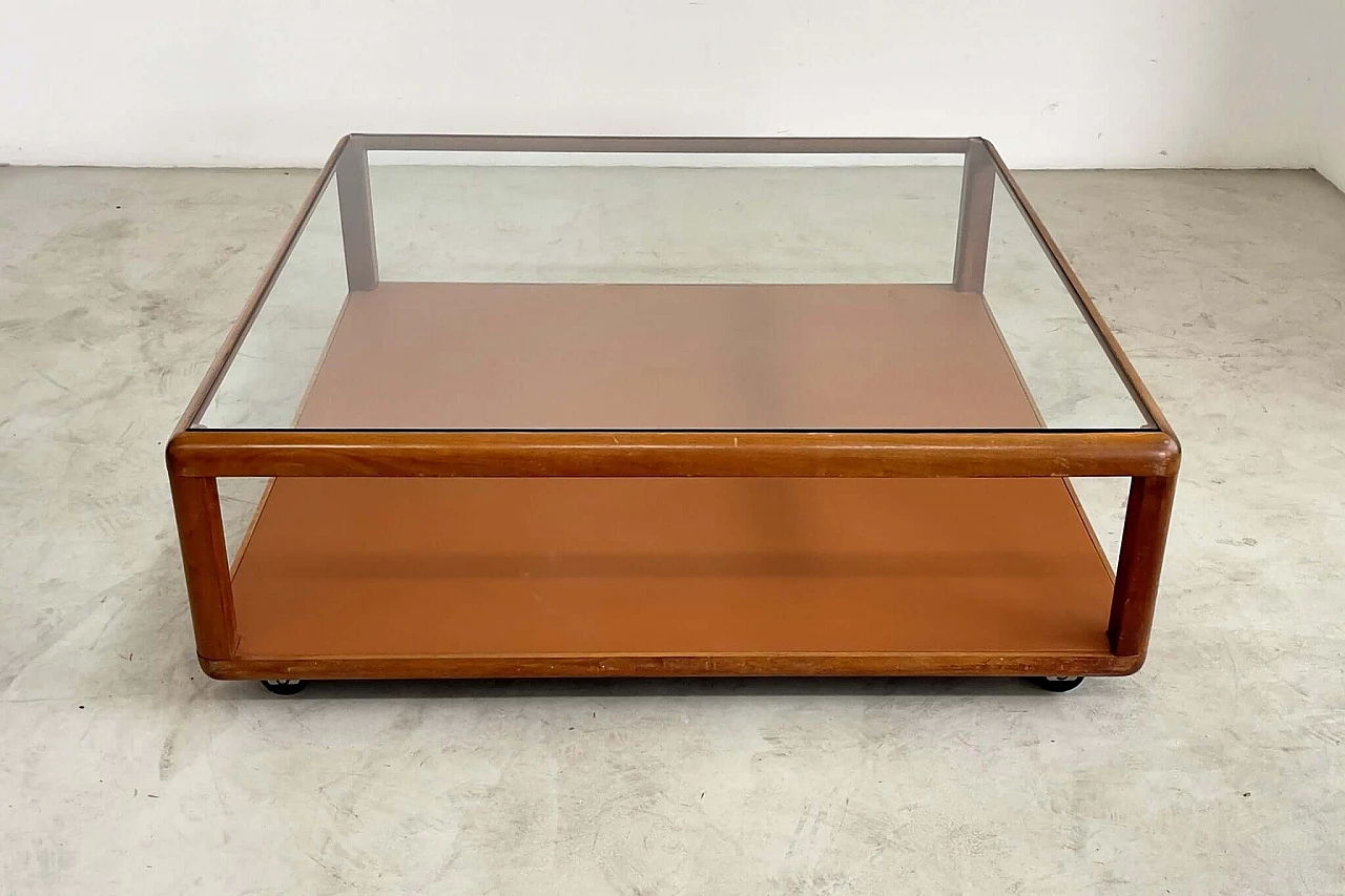 Tavolino in noce con piano in vetro e base in pelle di Tecno, anni '60 6