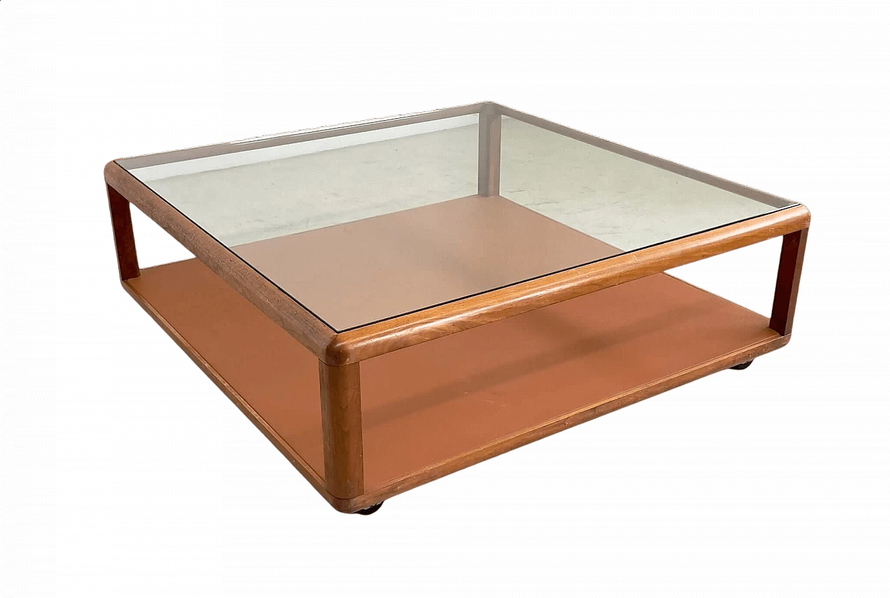 Tavolino in noce con piano in vetro e base in pelle di Tecno, anni '60 7