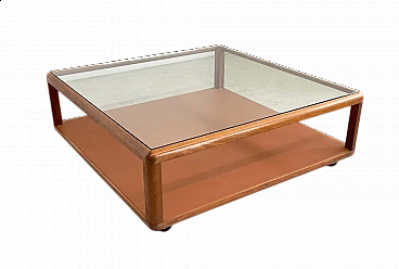 Tavolino in noce con piano in vetro e base in pelle di Tecno, anni '60