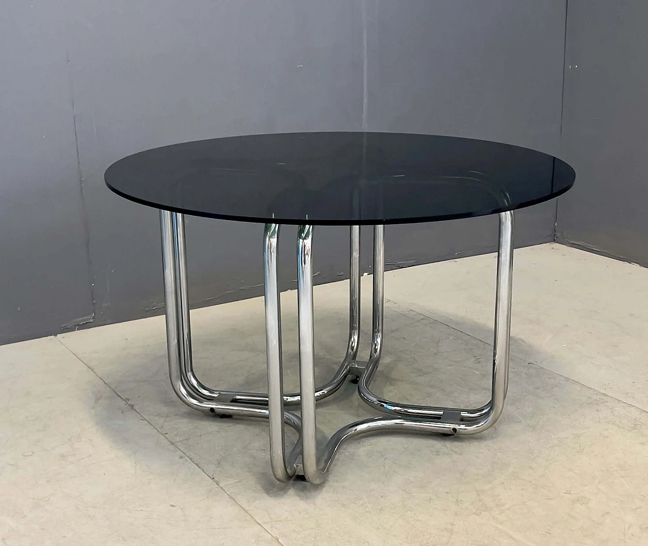 Table with chrome-plated metal frame and smoked glass top by Giotto Stoppino, 1970s 1