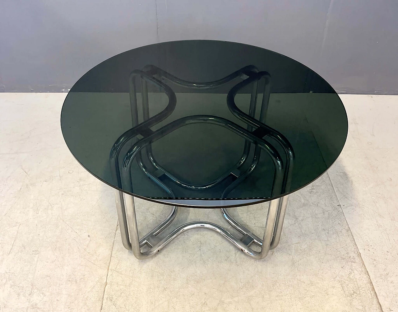 Table with chrome-plated metal frame and smoked glass top by Giotto Stoppino, 1970s 3