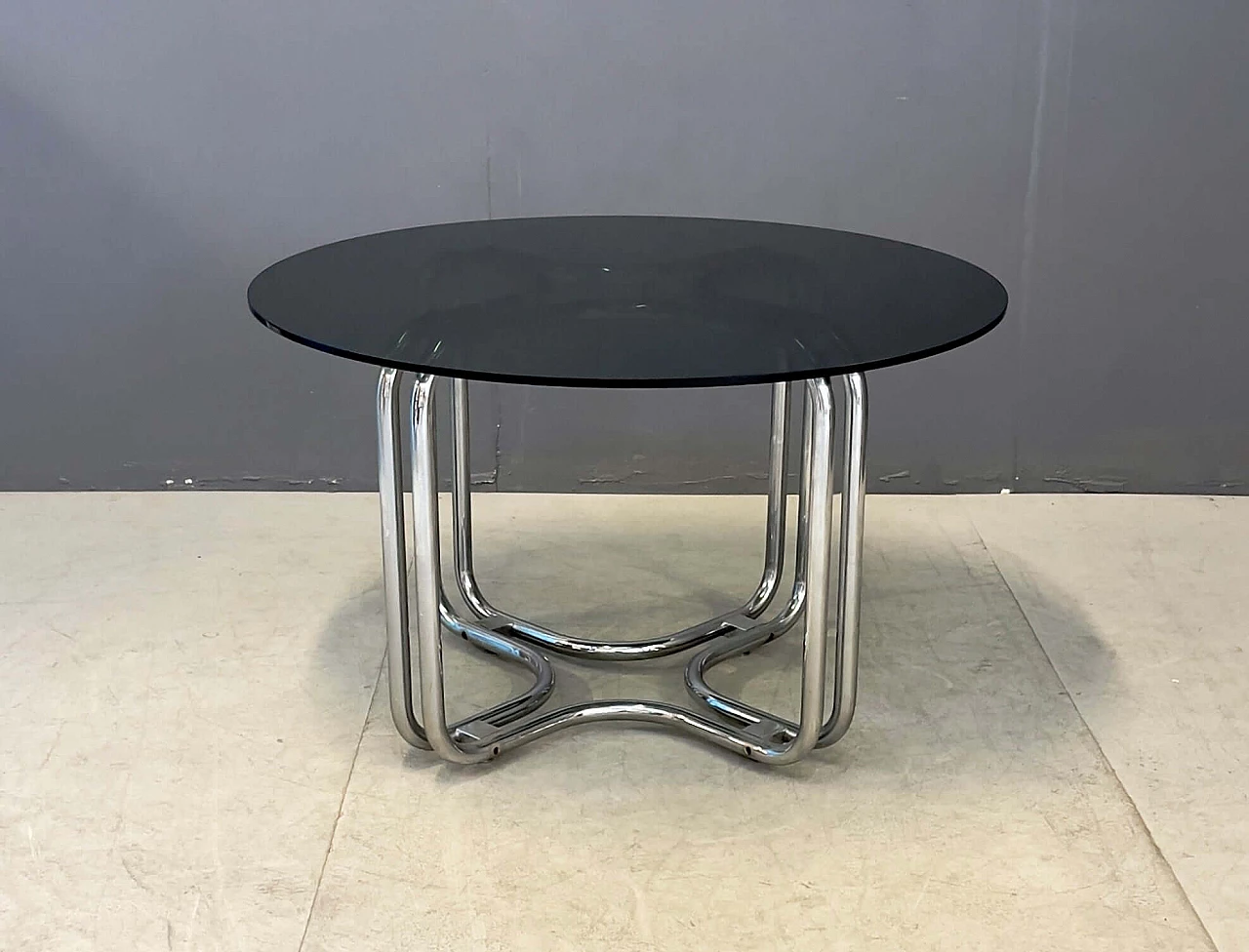 Table with chrome-plated metal frame and smoked glass top by Giotto Stoppino, 1970s 4