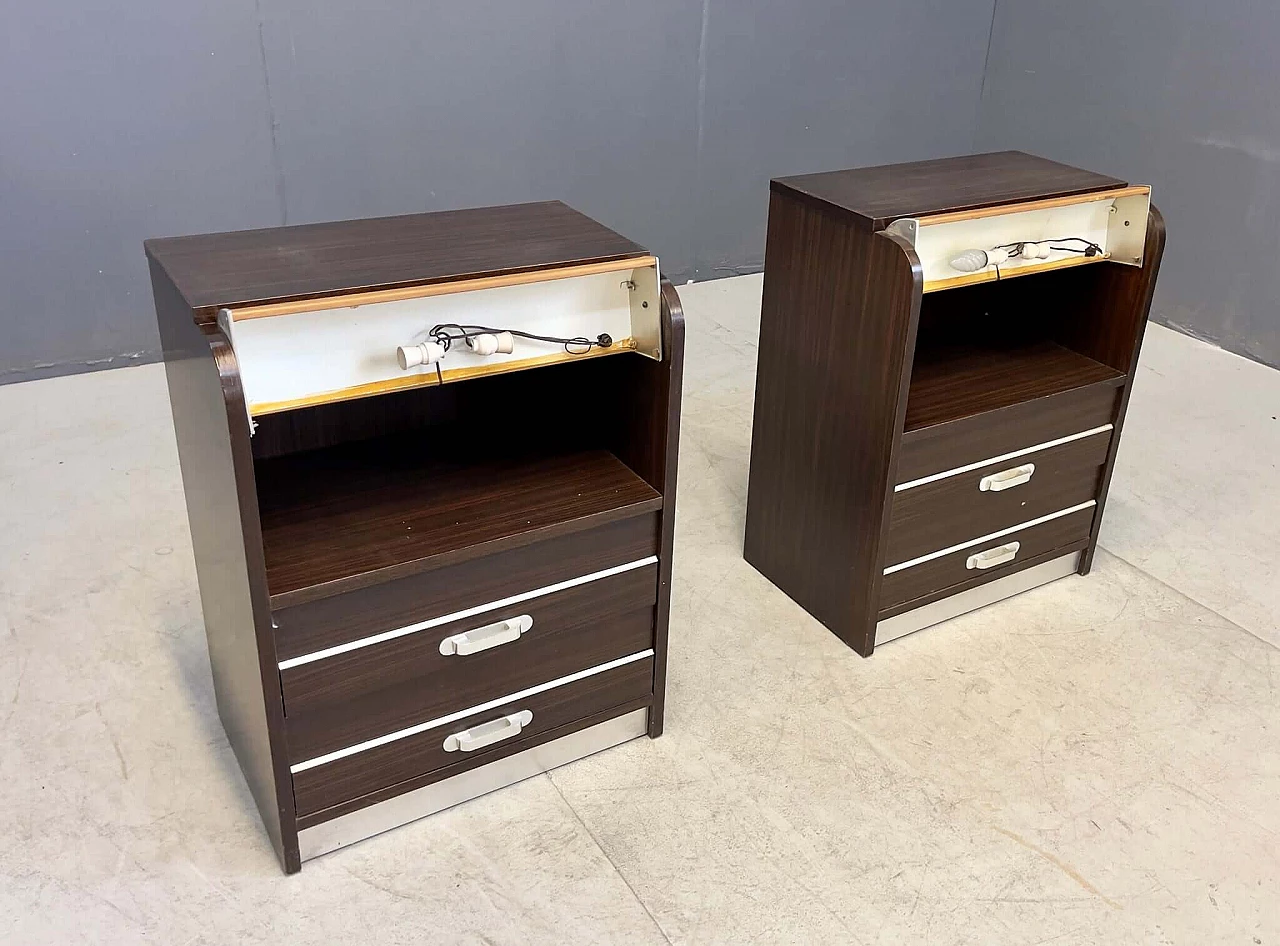 Pair of luminous bedside tables in rosewood and aluminium, 1970s 2