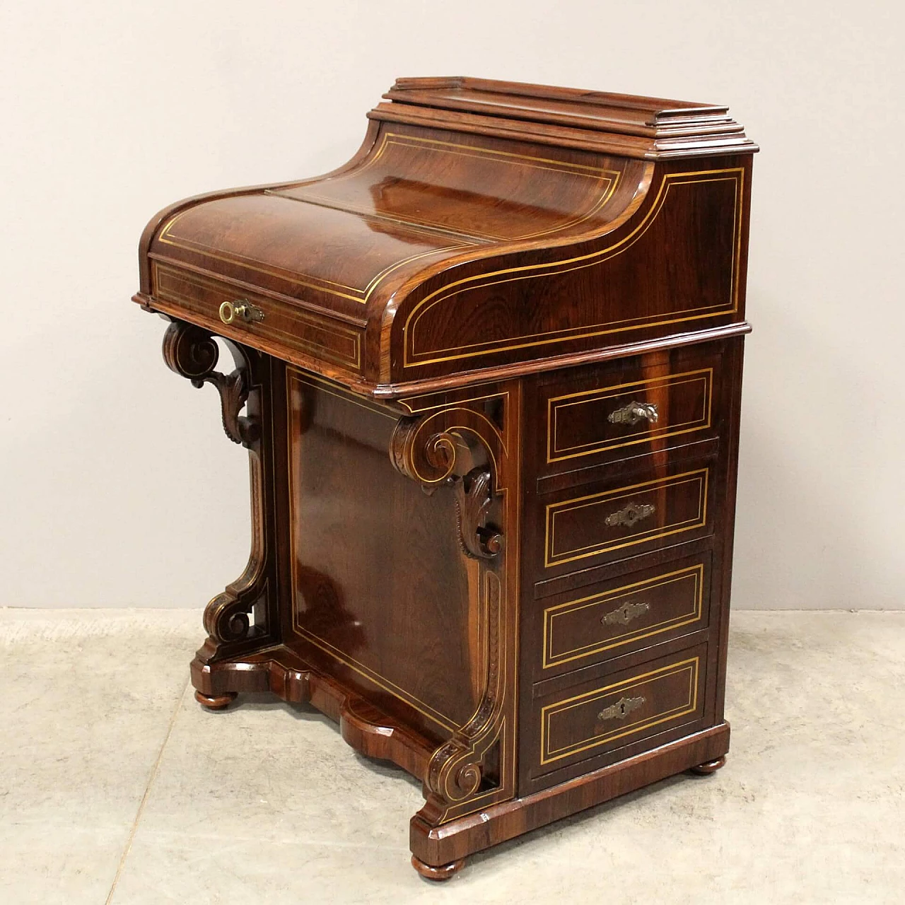 Inlaid rosewood Davenport writing desk with brass threading, mid-19th century 1