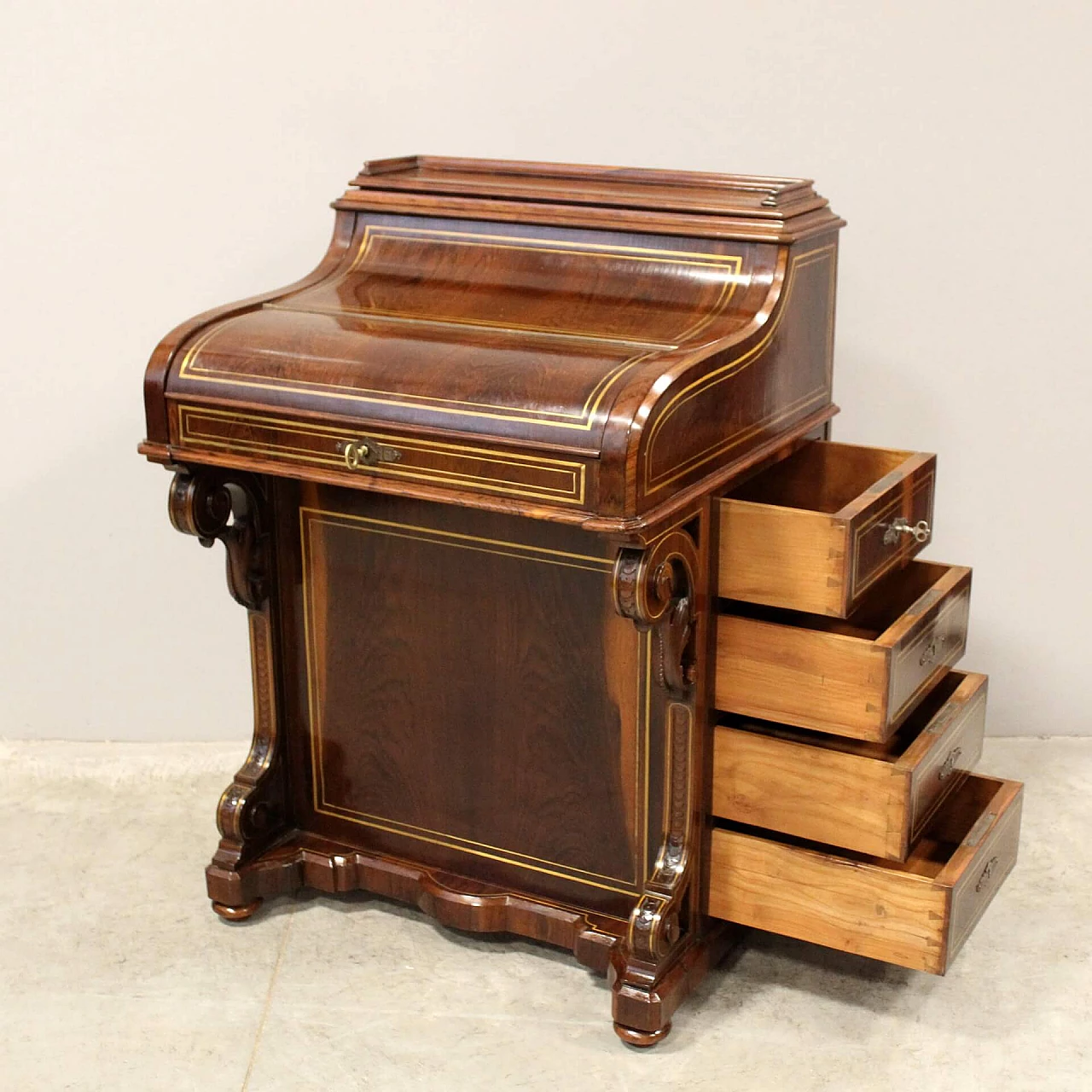 Inlaid rosewood Davenport writing desk with brass threading, mid-19th century 2