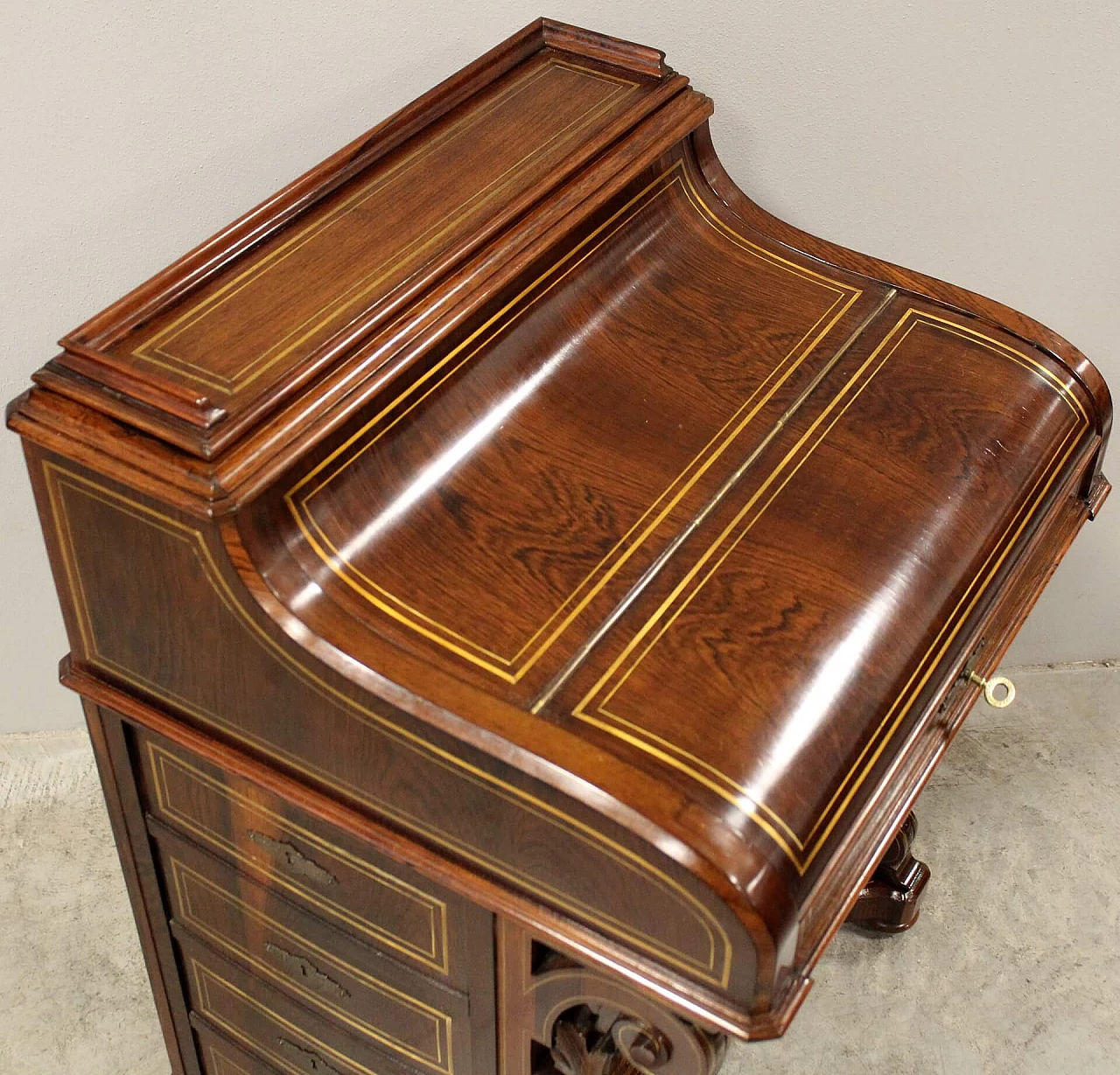 Inlaid rosewood Davenport writing desk with brass threading, mid-19th century 6