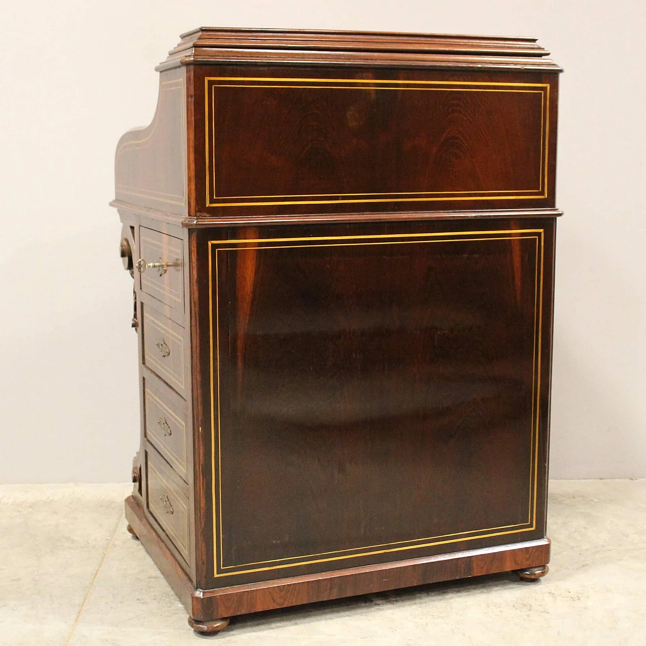 Inlaid rosewood Davenport writing desk with brass threading, mid-19th century 7