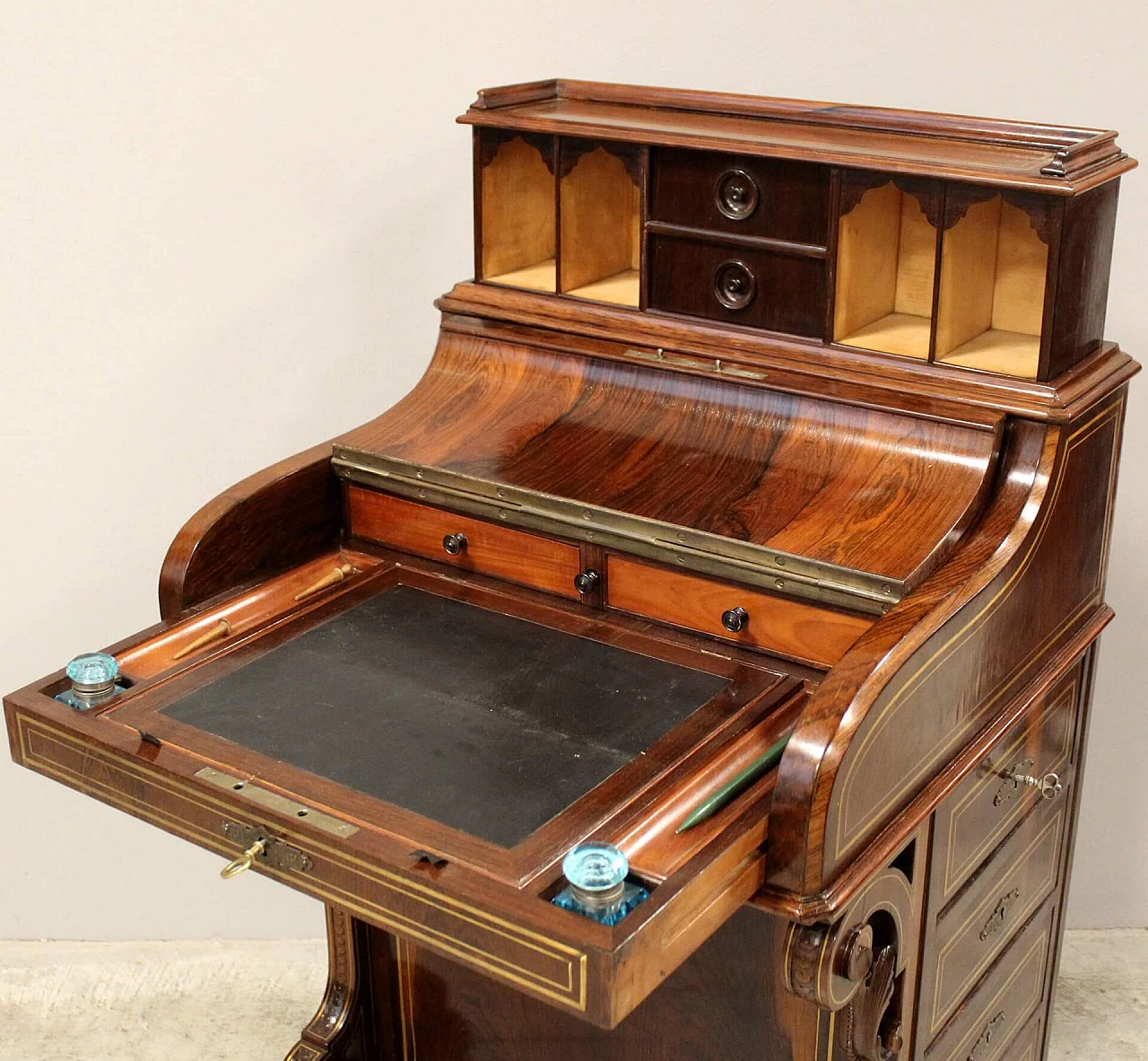 Inlaid rosewood Davenport writing desk with brass threading, mid-19th century 8
