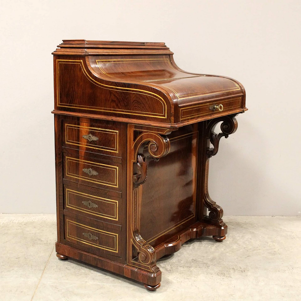 Inlaid rosewood Davenport writing desk with brass threading, mid-19th century 9