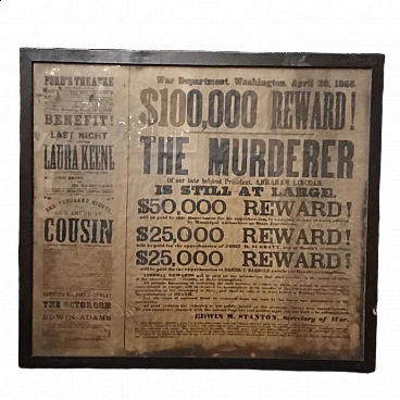 Manifesto di ricompensa per l'assassino di Abraham Lincoln, 1865