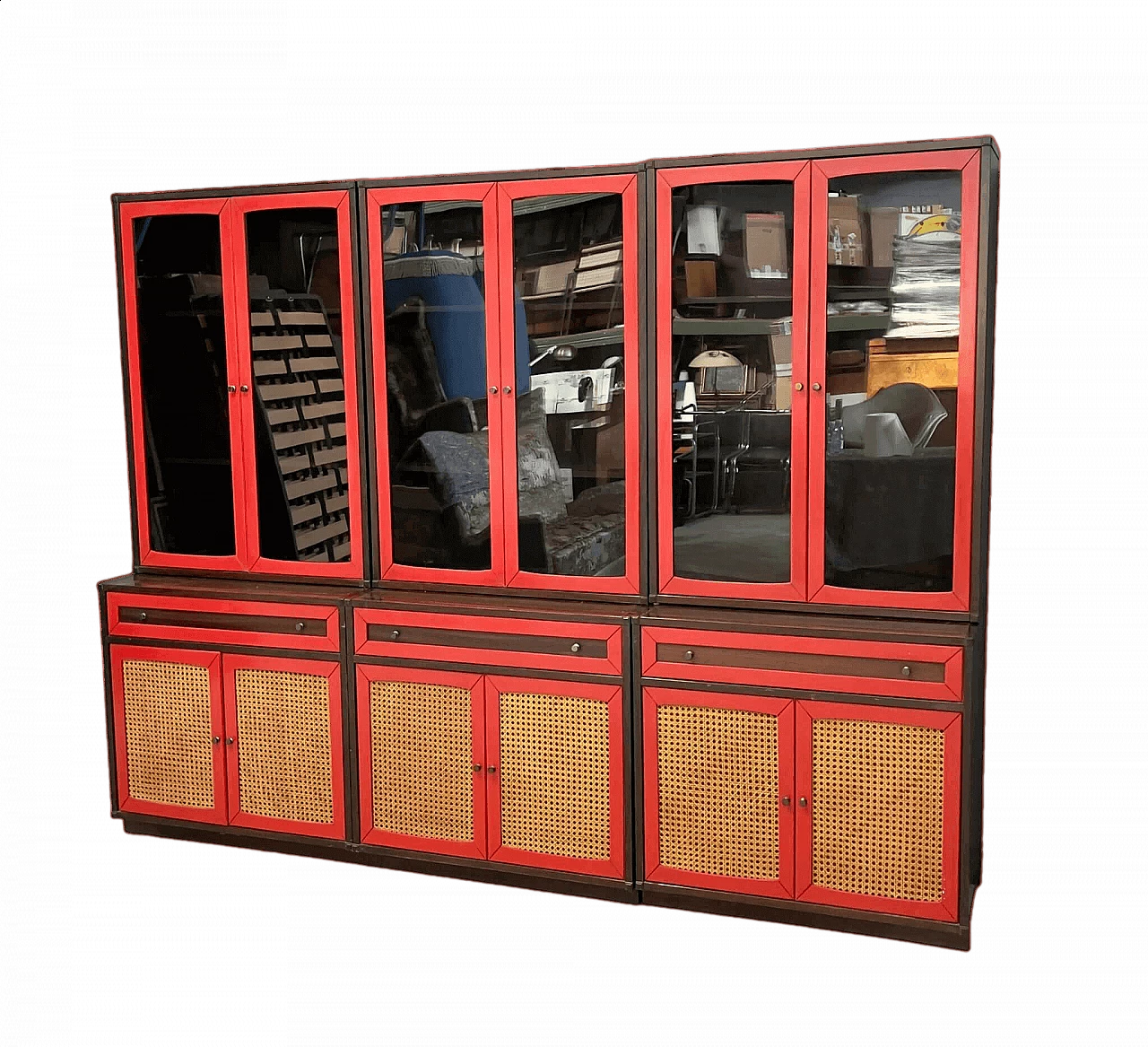 Three-module sideboard in red lacquered rosewood and Vienna straw, 1970s 8