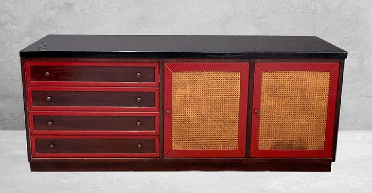 Credenza in palissandro, laccatura rossa e paglia di Vienna, anni '70 1