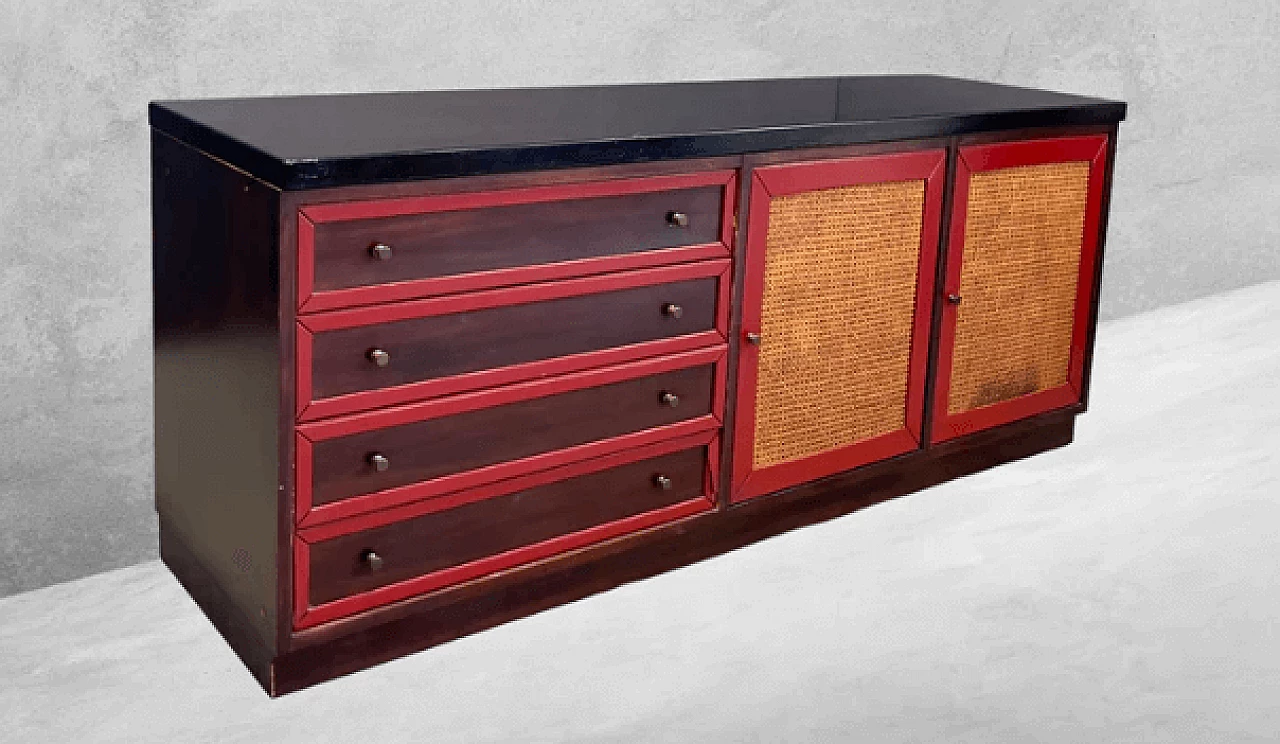 Credenza in palissandro, laccatura rossa e paglia di Vienna, anni '70 2