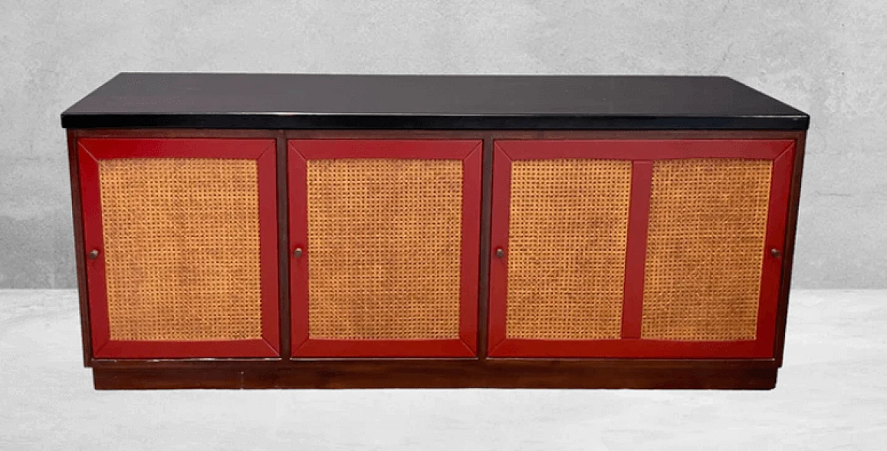 Credenza in palissandro, laccatura rossa e paglia di Vienna, anni '70 3