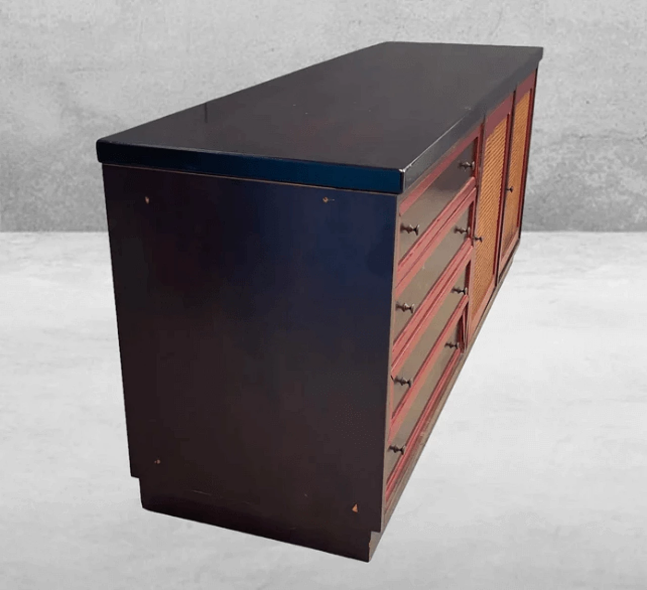 Credenza in palissandro, laccatura rossa e paglia di Vienna, anni '70 4