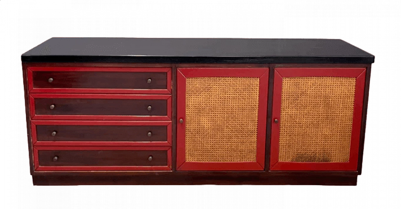 Credenza in palissandro, laccatura rossa e paglia di Vienna, anni '70 6