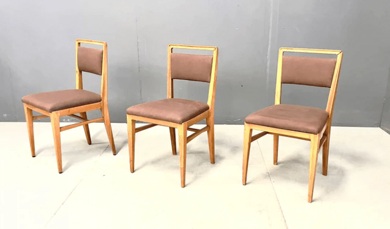 3 Chairs in wood and fabric attributed to Gio Ponti, 1960s 1