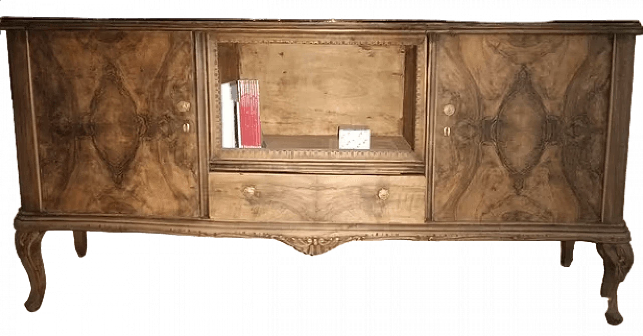 Briar-root veneered wood sideboard with black glass top 1