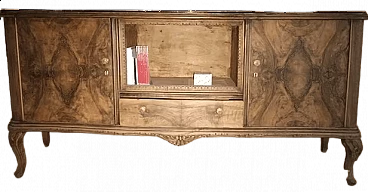 Briar-root veneered wood sideboard with black glass top