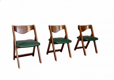 3 Chairs in wood and green leather, 1960s