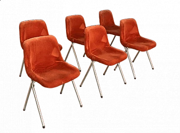 6 Chairs in chromed metal, plastic and red fabric, 1960s