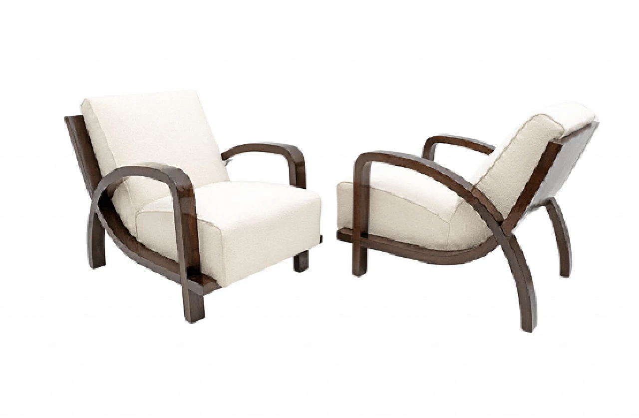 Pair of Art Deco walnut and bouclé fabric armchairs, 1930s 1