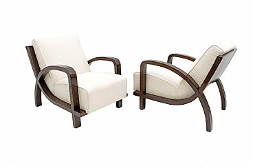 Pair of Art Deco walnut and bouclé fabric armchairs, 1930s