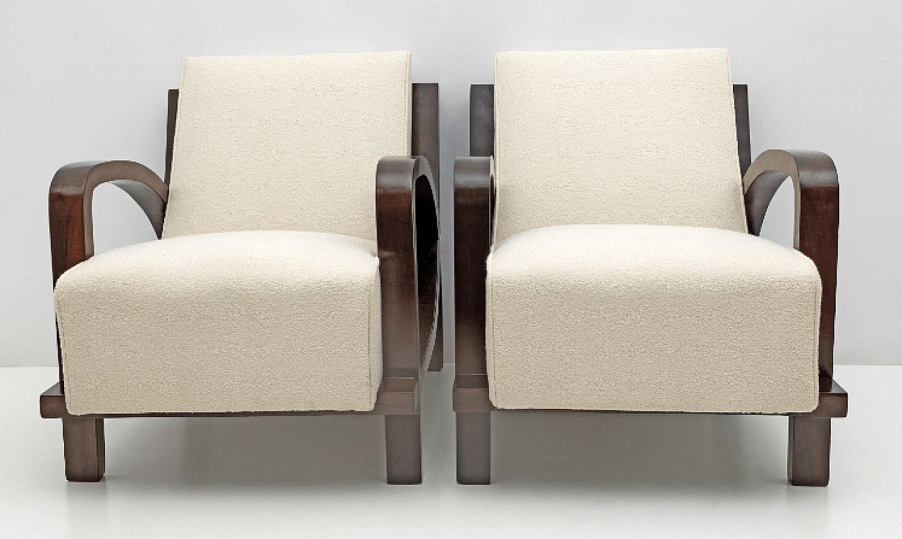 Pair of Art Deco walnut and bouclé fabric armchairs, 1930s 2