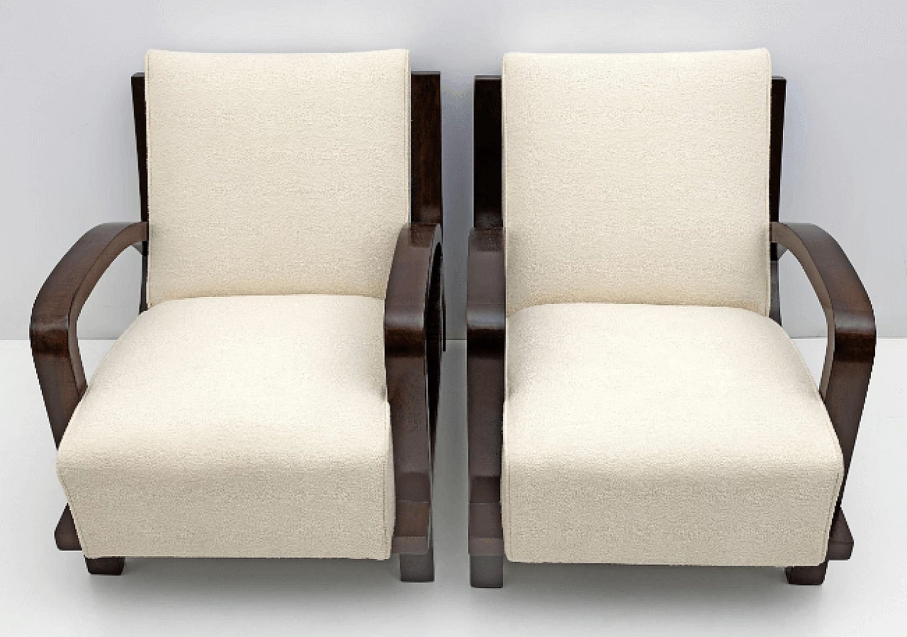 Pair of Art Deco walnut and bouclé fabric armchairs, 1930s 3