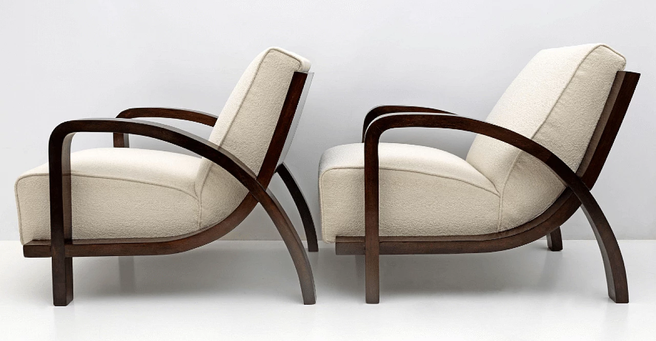Pair of Art Deco walnut and bouclé fabric armchairs, 1930s 4