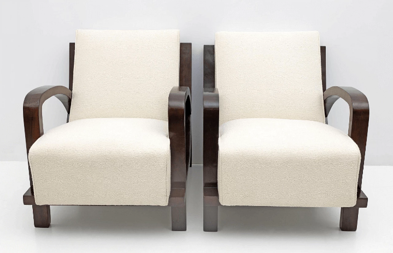 Pair of Art Deco walnut and bouclé fabric armchairs, 1930s 5