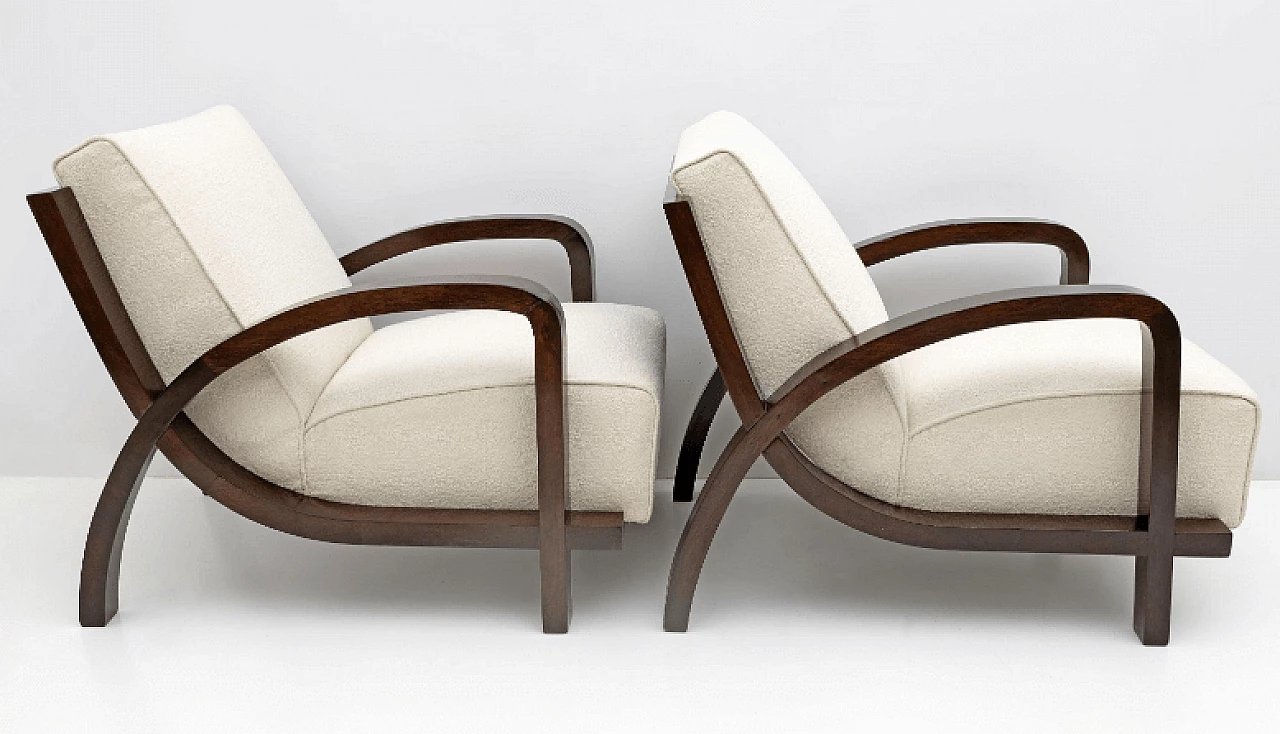 Pair of Art Deco walnut and bouclé fabric armchairs, 1930s 6
