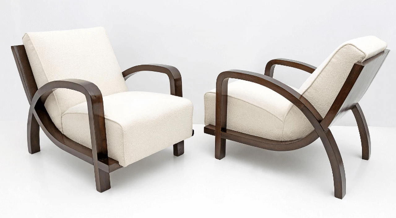 Pair of Art Deco walnut and bouclé fabric armchairs, 1930s 7