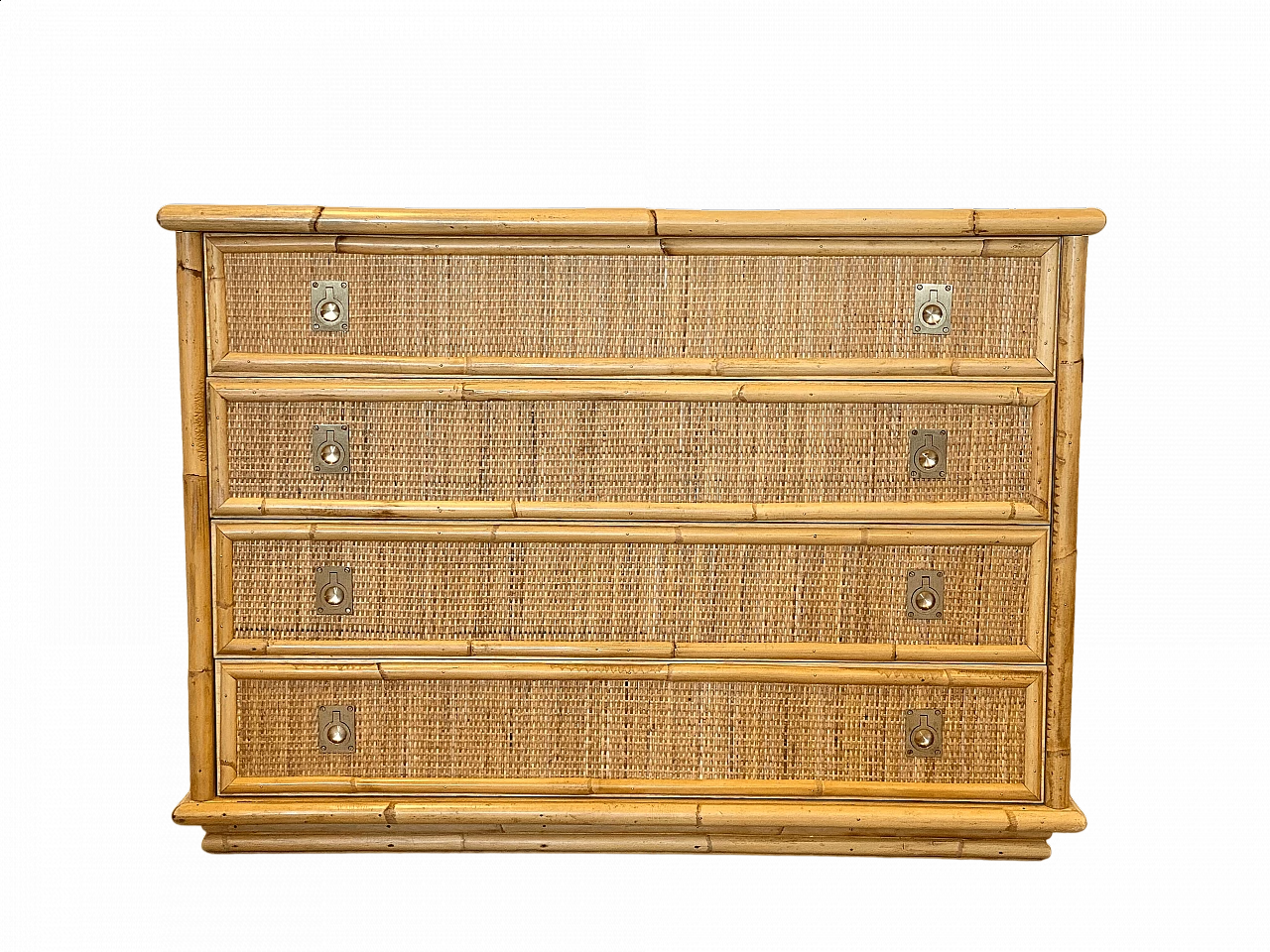 Wicker and bamboo chest of drawers with brass handles by Dal Vera, 1970s 9