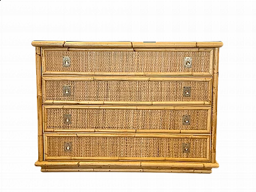 Wicker and bamboo chest of drawers with brass handles by Dal Vera, 1970s