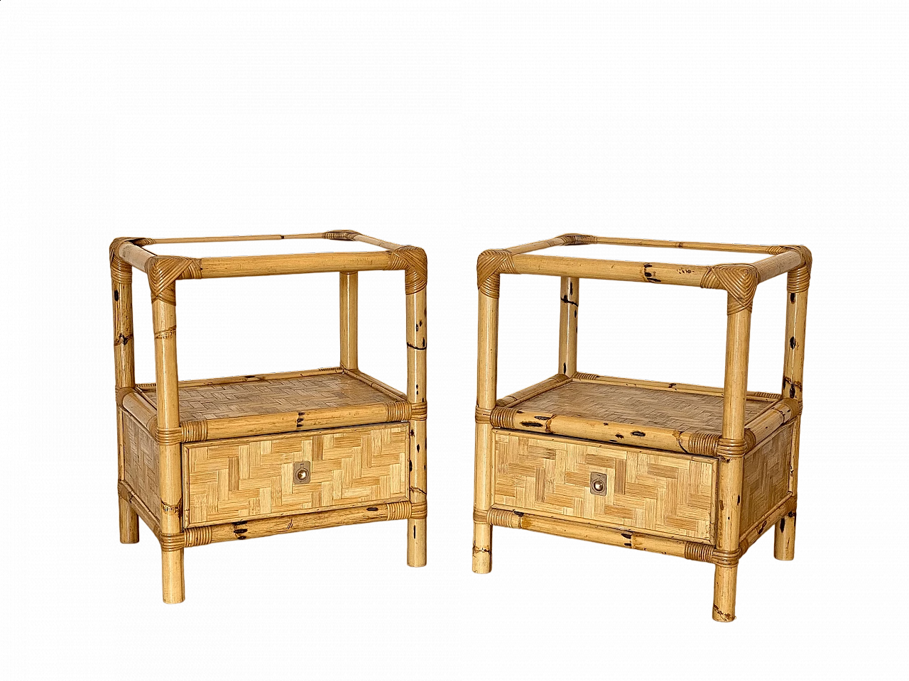Pair of bamboo and wicker bedside tables in the style of Dal Vera, 1970s 13