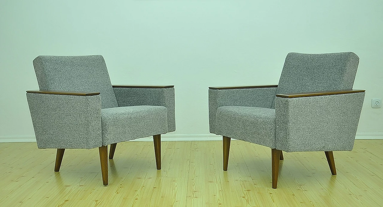 Pair of gray chenille and beech armchairs, 1960s 1
