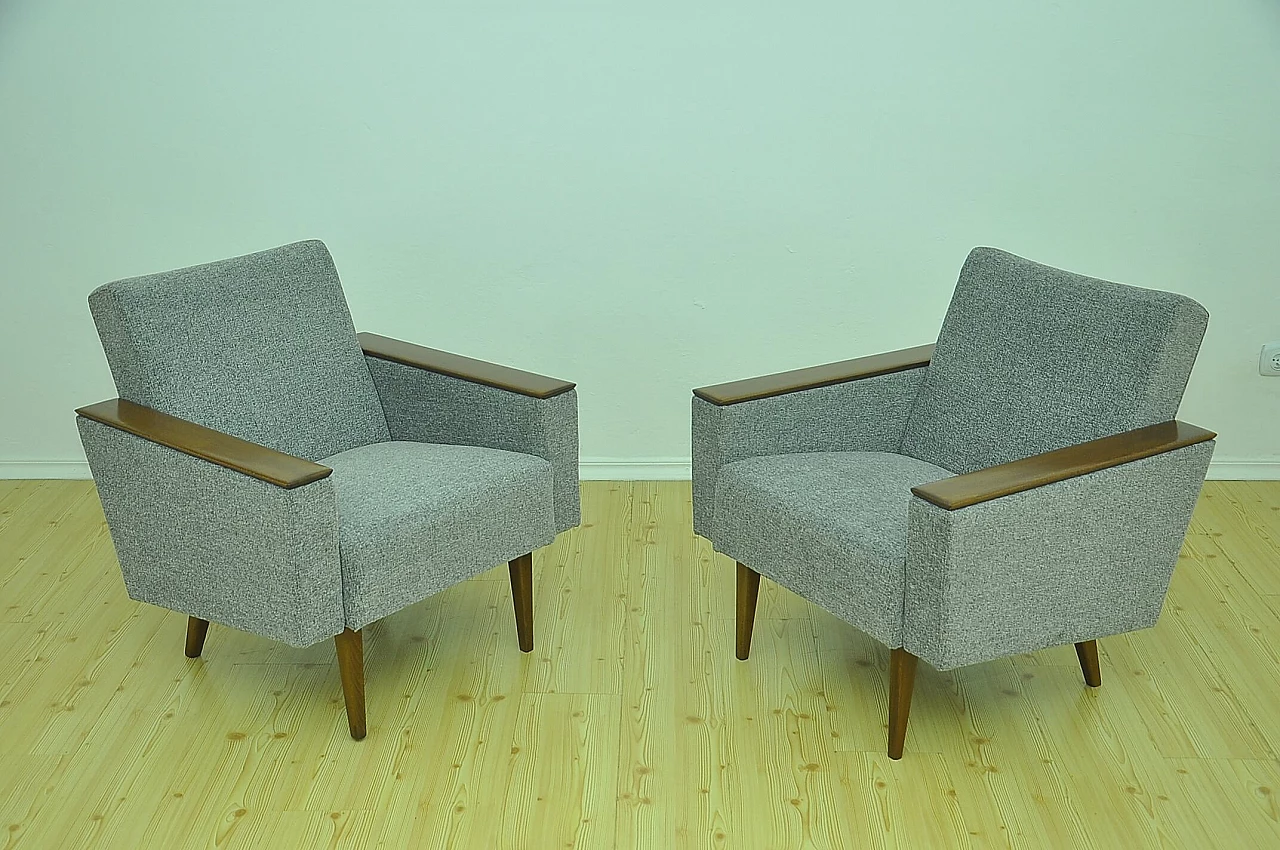 Pair of gray chenille and beech armchairs, 1960s 3
