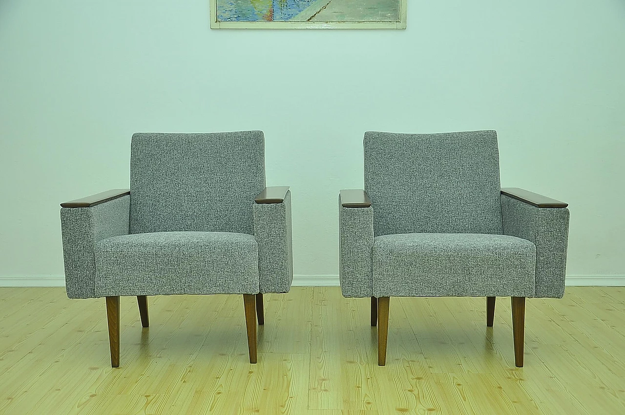 Pair of gray chenille and beech armchairs, 1960s 4
