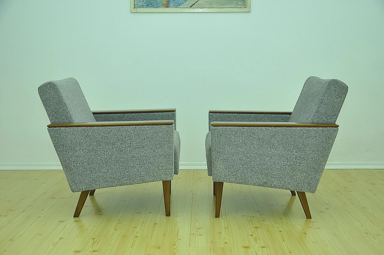 Pair of gray chenille and beech armchairs, 1960s 6
