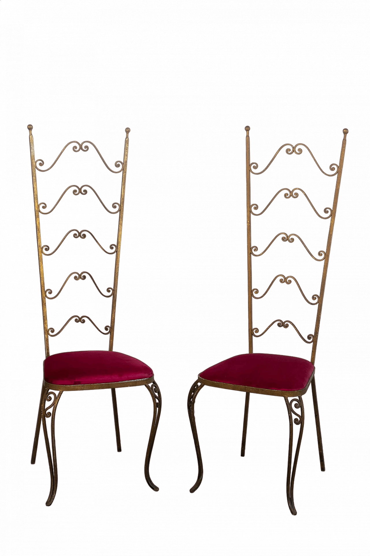 Coppia di sedie Chiavarine in ferro battuto, foglia oro e velluto rosso di Pierluigi Colli, anni '60 8
